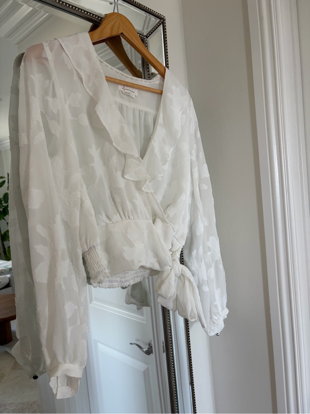 Anthropologie White Sheer Floral Tie-Front Blouse - Women Top